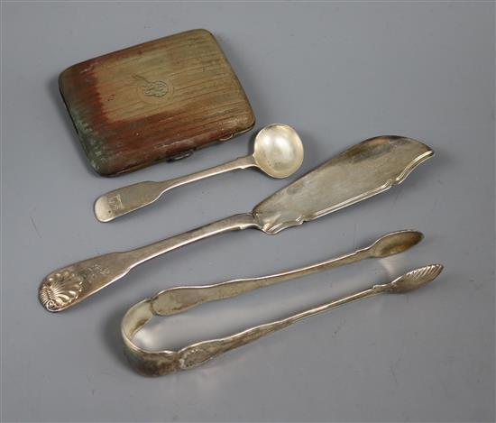 A pair of George IV Scottish silver sugar tongs, two other pieces and a George V silver cigarette case (4)